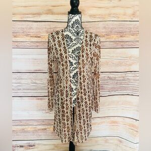 Women’s Beige Brown Geometric Print Long Sleeve Open Front Mesh Cardigan Size L